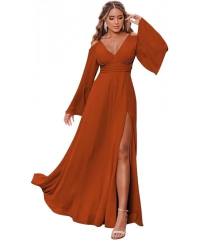 Chiffon Bridesmaid Dress Long Sleeve Off Shoulder Slit Prom Dress for Women Burnt Orange $27.30 Dresses