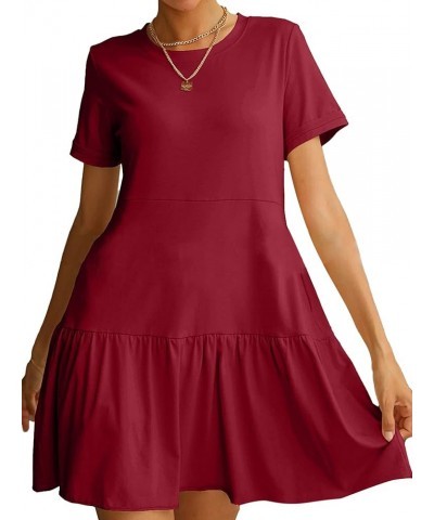 Women's Casual Crew Neck Short Sleeve Ruffle Swing Hem T Shirt Mini Short Dress Red $16.00 Dresses