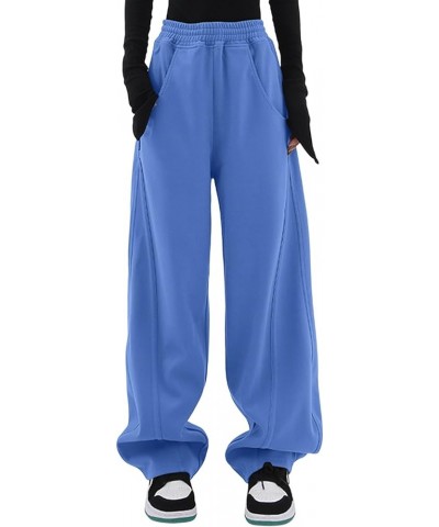 Womens Wide Leg Sweatpants Elastic High Waisted Sweat Pants 2024 Baggy Trousers with Pockets D Sky Blue $17.20 Pants