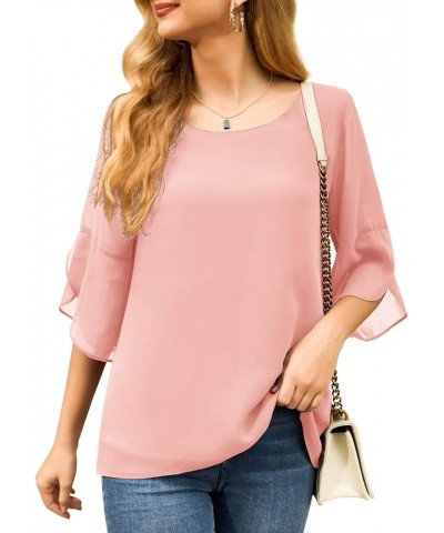 Womens Casual Scoop Neck Dressy Blouses 3/4 Sleeve Business Work Blouse Tops 16 Pink $17.97 Blouses