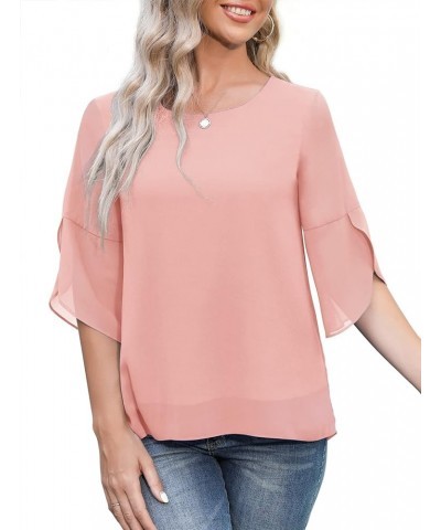 Womens Casual Scoop Neck Dressy Blouses 3/4 Sleeve Business Work Blouse Tops 16 Pink $17.97 Blouses