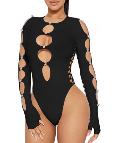 Women's Sexy Long Sleeve See Through Hollow Out Diamond Mesh Bodysuit Black $16.23 Bodysuits