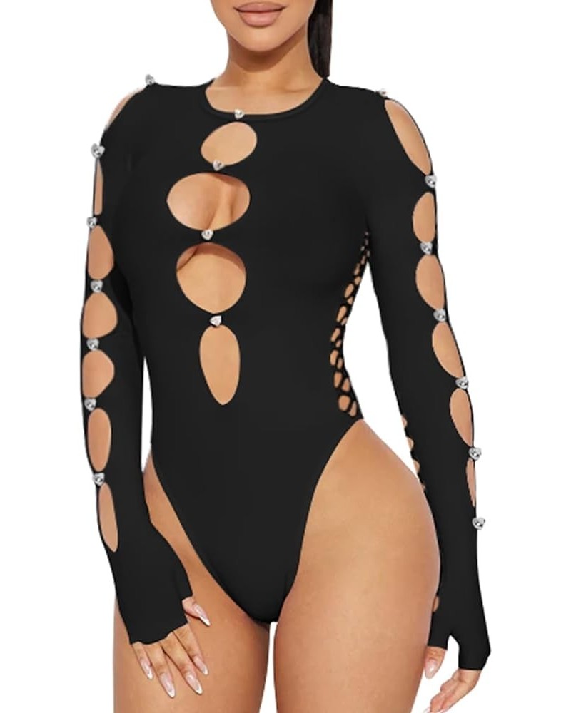 Women's Sexy Long Sleeve See Through Hollow Out Diamond Mesh Bodysuit Black $16.23 Bodysuits