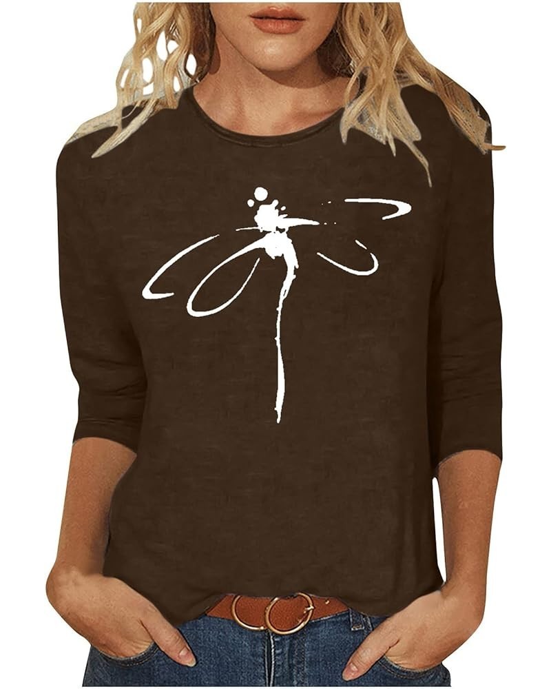 Womens 3/4 Sleeve Tops Dragonfly Print Summer Blouse Shirts Graphic Vintage Tshirt Tees Dressy Casual Ladies Clothing J03-bro...