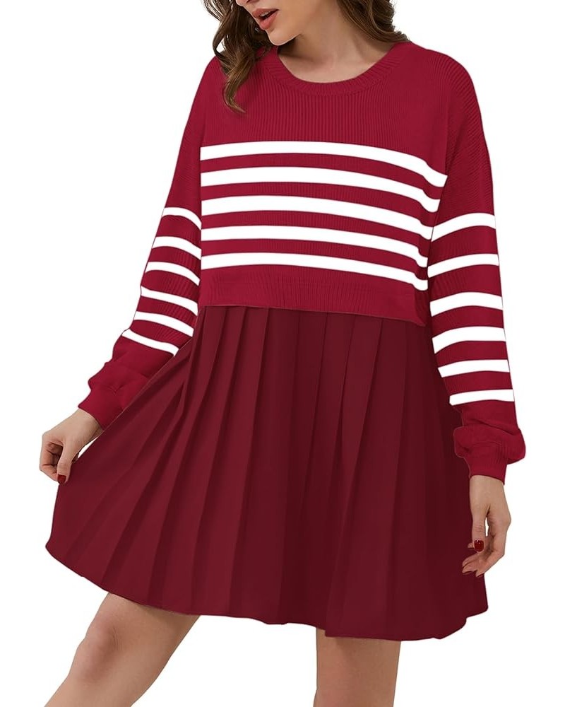 Women Oversized Sweater Dress Long Sleeve Striped Knitted Pullover Tops Loose Crewneck Sweatshirt Mini Dress Red $13.02 Sweaters