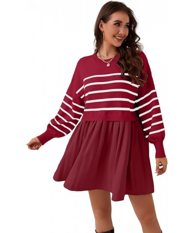 Women Oversized Sweater Dress Long Sleeve Striped Knitted Pullover Tops Loose Crewneck Sweatshirt Mini Dress Red $13.02 Sweaters