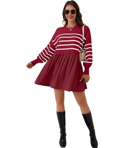 Women Oversized Sweater Dress Long Sleeve Striped Knitted Pullover Tops Loose Crewneck Sweatshirt Mini Dress Red $13.02 Sweaters