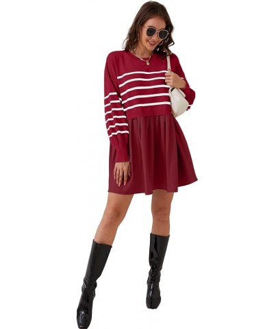 Women Oversized Sweater Dress Long Sleeve Striped Knitted Pullover Tops Loose Crewneck Sweatshirt Mini Dress Red $13.02 Sweaters