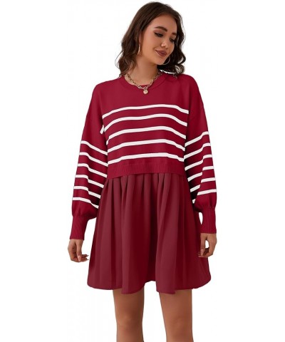 Women Oversized Sweater Dress Long Sleeve Striped Knitted Pullover Tops Loose Crewneck Sweatshirt Mini Dress Red $13.02 Sweaters