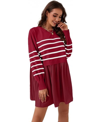 Women Oversized Sweater Dress Long Sleeve Striped Knitted Pullover Tops Loose Crewneck Sweatshirt Mini Dress Red $13.02 Sweaters