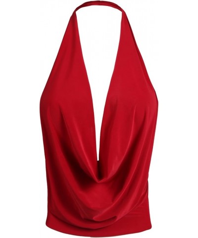 Women's Sexy Lightweight Deep V Neck Low Cut Halter Top & Dress Ykwt07_red $10.00 Tanks