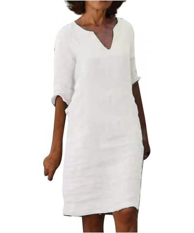 Women Casual Map Print Mid-Sleeve Shift Dresses Mid-Sleeve V-Neck Stitching Loose Midi Dress 05-white $11.12 Dresses