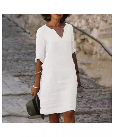 Women Casual Map Print Mid-Sleeve Shift Dresses Mid-Sleeve V-Neck Stitching Loose Midi Dress 05-white $11.12 Dresses