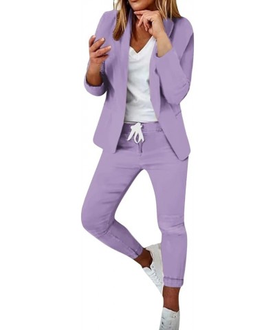 Pants Suit Set for Women Lightweight Open Front Blazer and Drawstring Pants Court Attire Stretchy Business Suits Purple Busin...