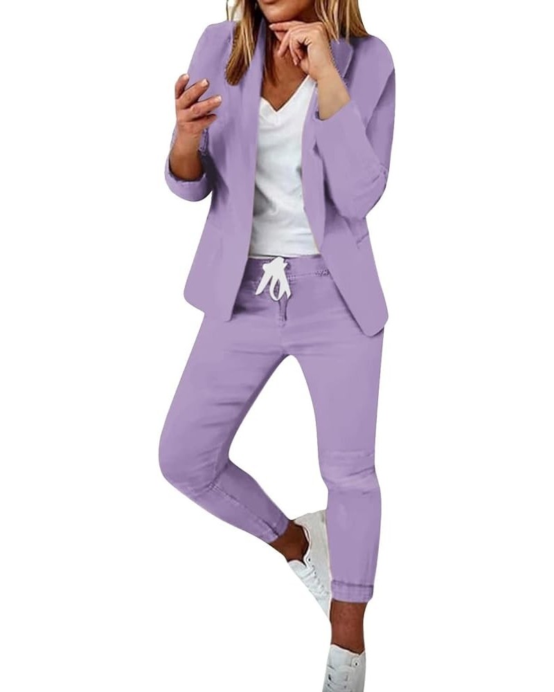 Pants Suit Set for Women Lightweight Open Front Blazer and Drawstring Pants Court Attire Stretchy Business Suits Purple Busin...