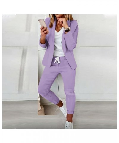 Pants Suit Set for Women Lightweight Open Front Blazer and Drawstring Pants Court Attire Stretchy Business Suits Purple Busin...