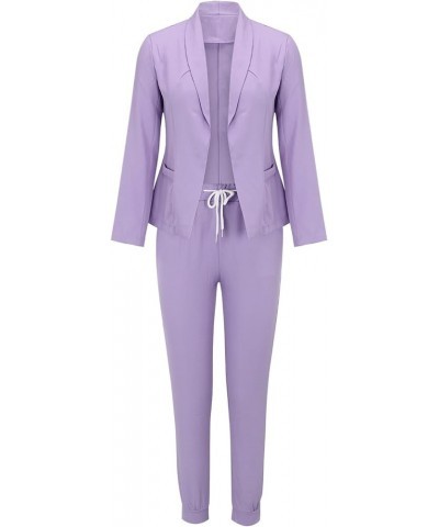 Pants Suit Set for Women Lightweight Open Front Blazer and Drawstring Pants Court Attire Stretchy Business Suits Purple Busin...