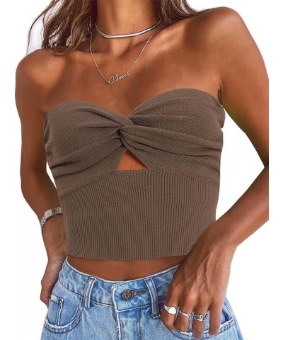 Womens Tube Tops Going Out Cut Out Twist Knot Front Bandeau Ribbed Knit Y2K Strapless Tank Bustier Corset Tops Nutmeg $9.40 T...