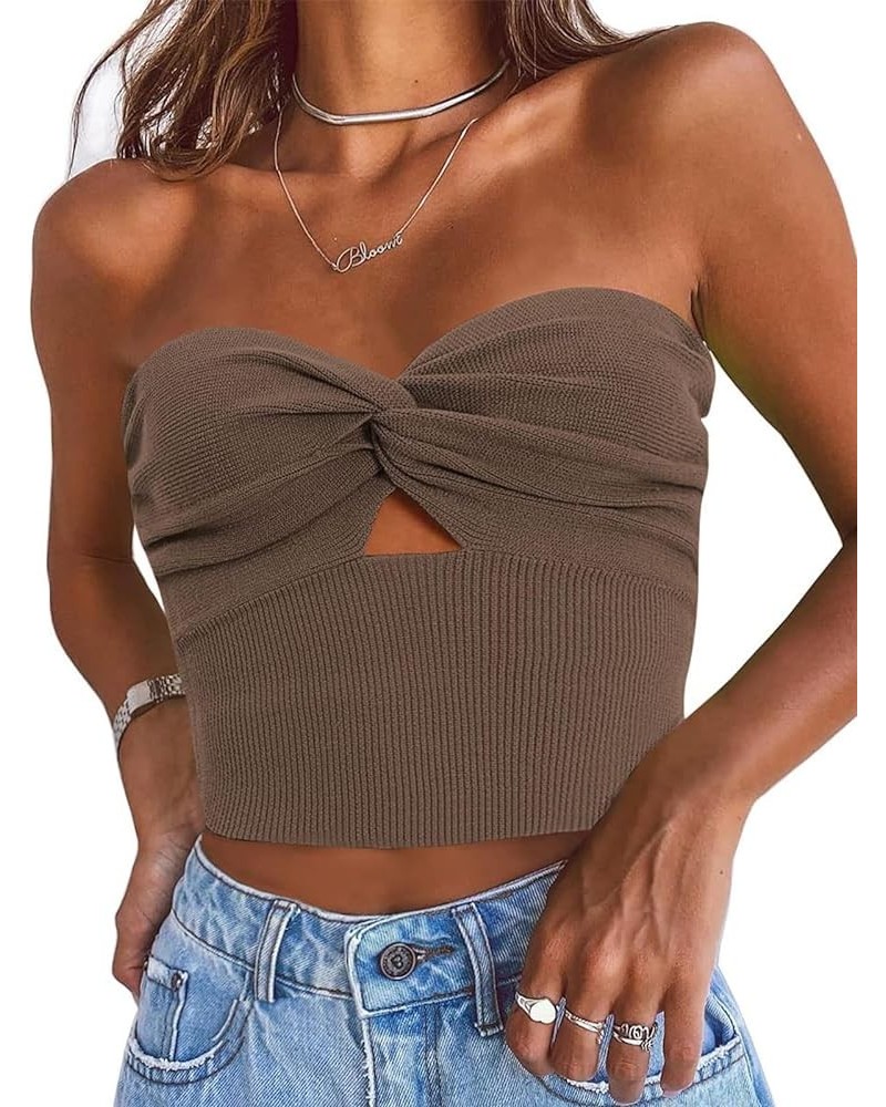 Womens Tube Tops Going Out Cut Out Twist Knot Front Bandeau Ribbed Knit Y2K Strapless Tank Bustier Corset Tops Nutmeg $9.40 T...