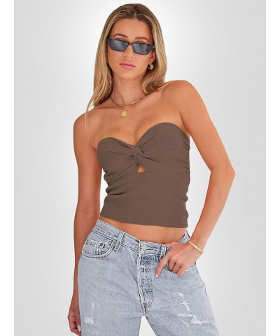 Womens Tube Tops Going Out Cut Out Twist Knot Front Bandeau Ribbed Knit Y2K Strapless Tank Bustier Corset Tops Nutmeg $9.40 T...