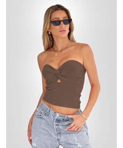 Womens Tube Tops Going Out Cut Out Twist Knot Front Bandeau Ribbed Knit Y2K Strapless Tank Bustier Corset Tops Nutmeg $9.40 T...