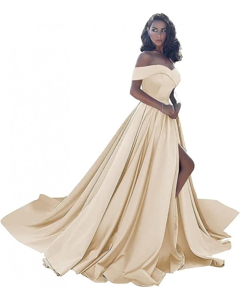 Women's Off The Shoulder Prom Dresses 2023 Long Satin Ball Gown Strapless Formal Evening Dresses with Slit Champagne $39.60 D...