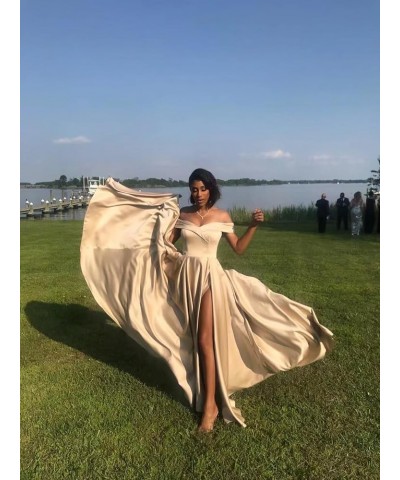 Women's Off The Shoulder Prom Dresses 2023 Long Satin Ball Gown Strapless Formal Evening Dresses with Slit Champagne $39.60 D...