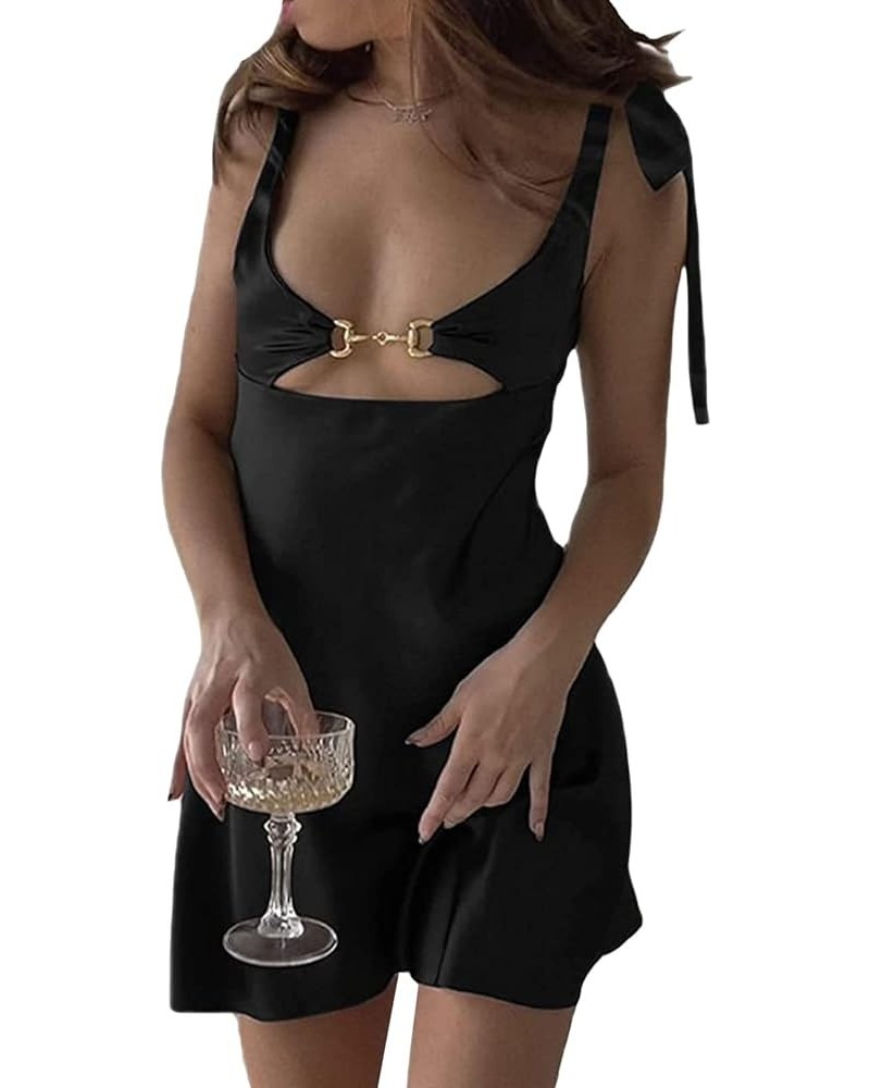 Women Satin Cutout Mini Dress Sexy Sleeveless Backless Bodycon Short Dresses Bow Spaghetti Straps Rhinestone Party Club Wear ...