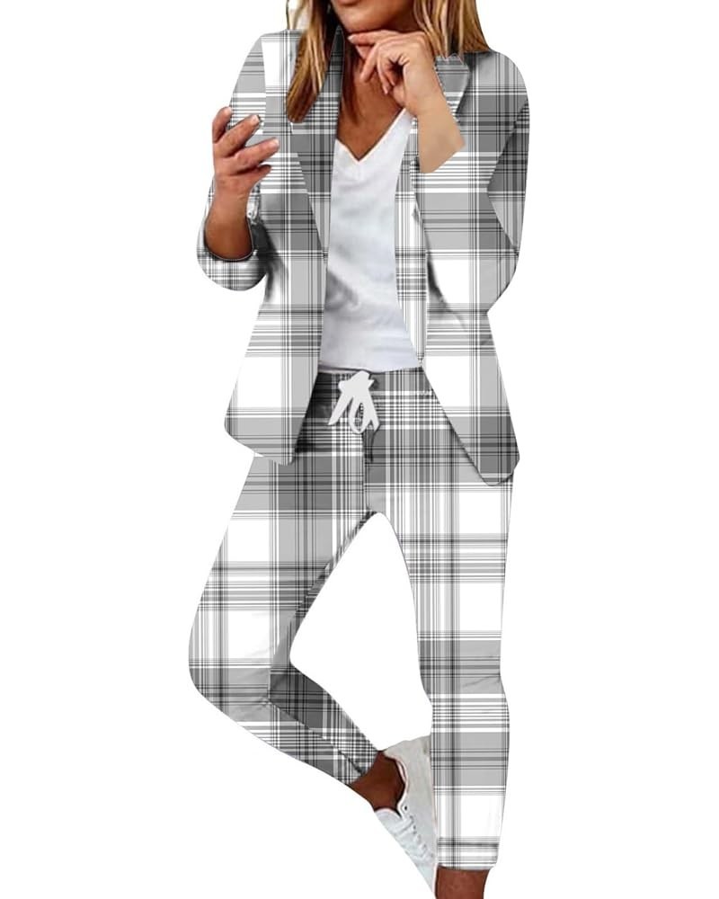 Women's Fall Suit Sets Dressy Casual Outfits Business Work Outfit Two Piece Solid/Plaid Blazer Jacket and Pants Set 06-white ...