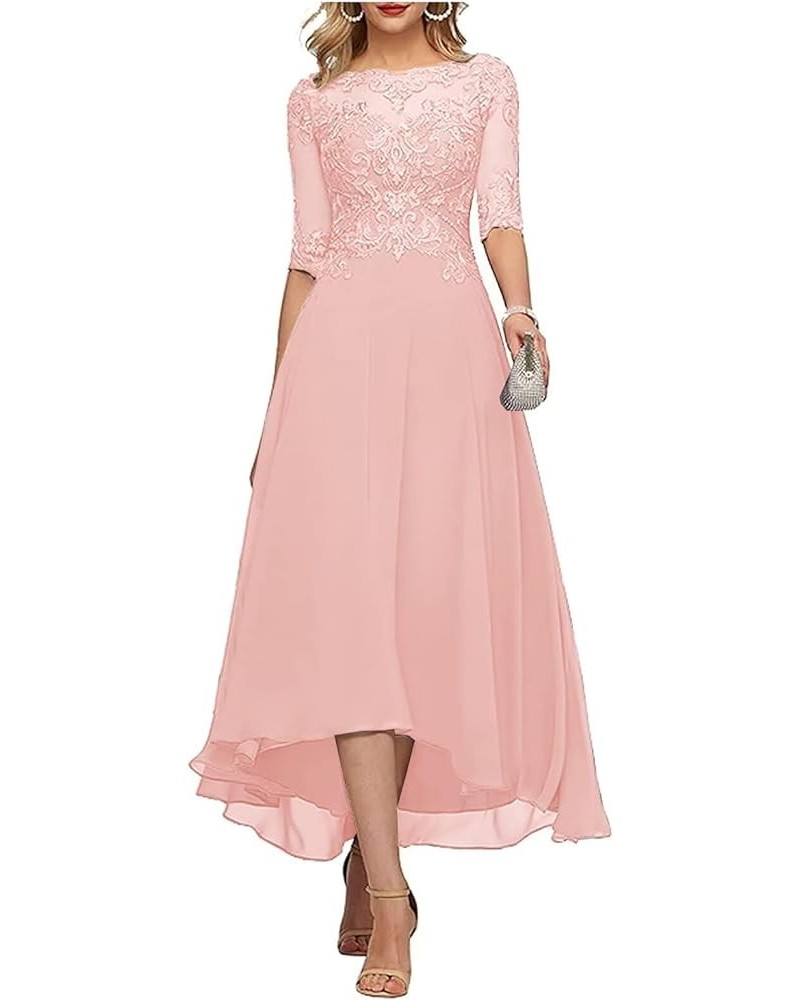 Tea Length Mother of The Bride Dresses for Wedding Lace Appliques High Low Formal Gown with Sleeves Blush Pink $37.60 Dresses