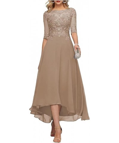 Tea Length Mother of The Bride Dresses for Wedding Lace Appliques High Low Formal Gown with Sleeves Blush Pink $37.60 Dresses