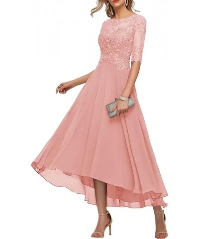 Tea Length Mother of The Bride Dresses for Wedding Lace Appliques High Low Formal Gown with Sleeves Blush Pink $37.60 Dresses