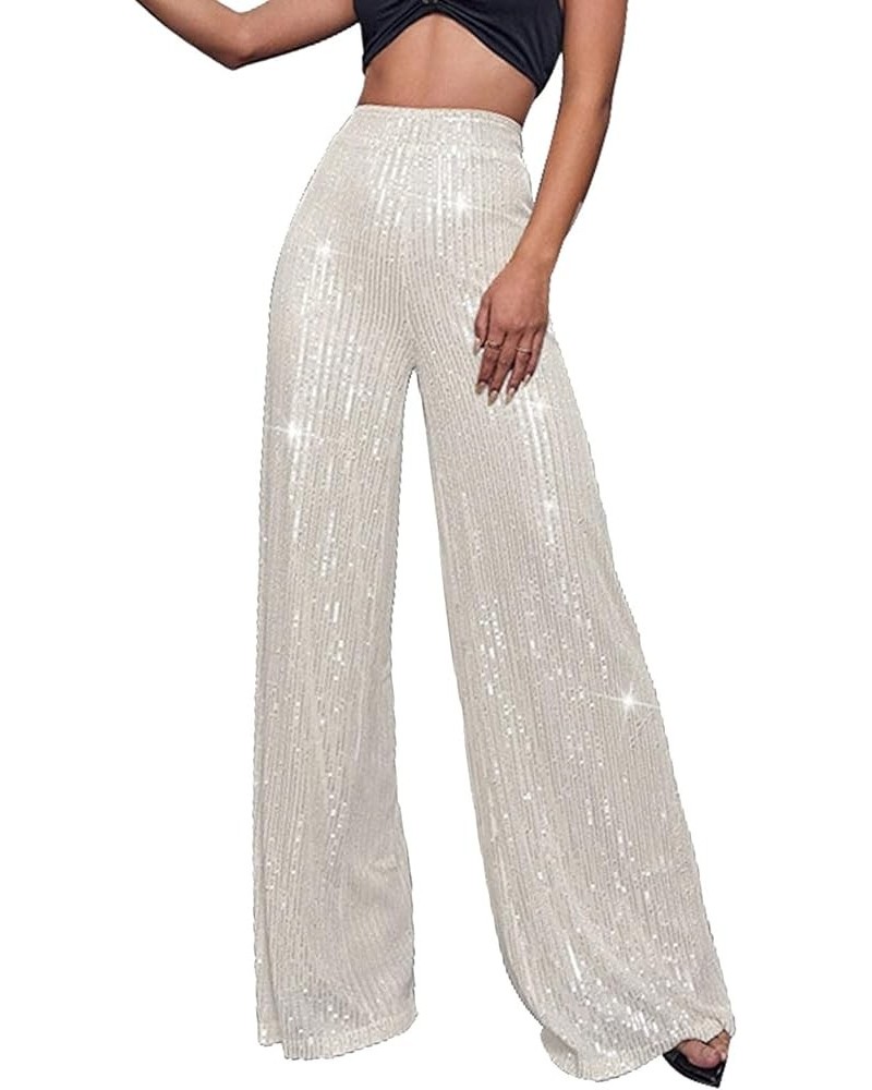 Sequin Pants Women High Waisted Wide Leg Sparkle Elastic Casual Trousers Shiny Party Clubwear Glitter Vintage Pants White $21...