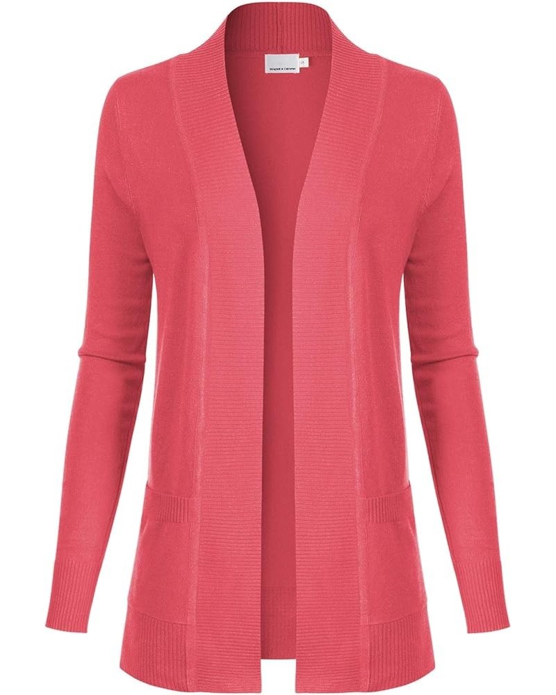 Women's Open Front Long Sleeve Classic Knit Cardigan Pink Coral $11.07 Sweaters