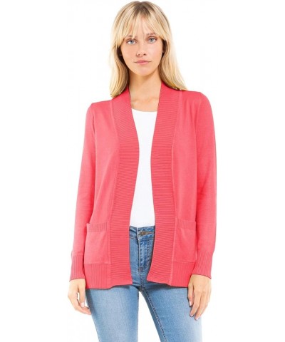 Women's Open Front Long Sleeve Classic Knit Cardigan Pink Coral $11.07 Sweaters