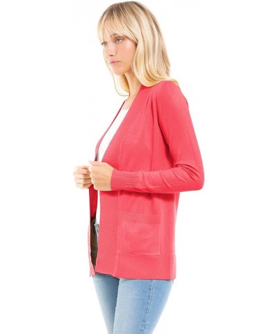 Women's Open Front Long Sleeve Classic Knit Cardigan Pink Coral $11.07 Sweaters