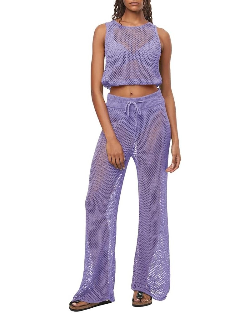 Women's Swimsuit Cover Up Set 2 Pieces Crochet Sleeveless Crop Top Wide Leg Long Pants Beach Coverups Purple $22.79 Swimsuits