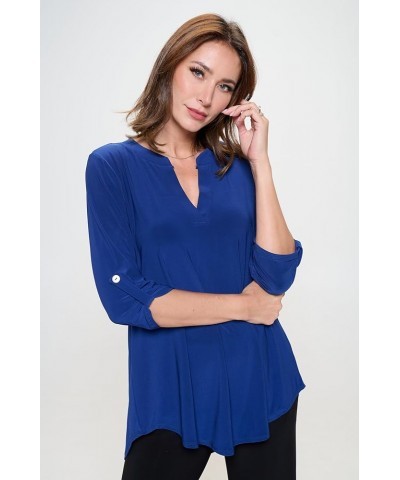 Women's HIT Notch Neck Rolled Sleeve Top Navy $25.99 T-Shirts