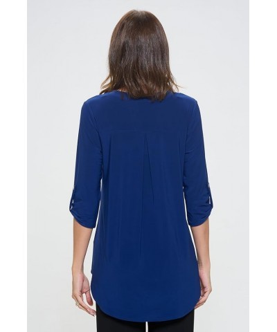 Women's HIT Notch Neck Rolled Sleeve Top Navy $25.99 T-Shirts