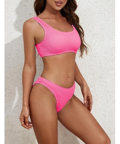 Women's Ribbed Two Piece Bikini Sets Wide Shoulder Strap Top Swimsuit with Mid Waist Cheeky Bathing Suit Hot Pink $12.71 Swim...