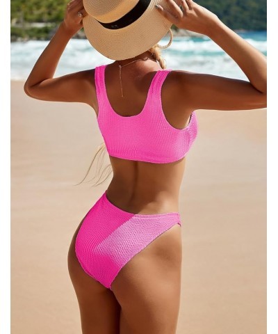 Women's Ribbed Two Piece Bikini Sets Wide Shoulder Strap Top Swimsuit with Mid Waist Cheeky Bathing Suit Hot Pink $12.71 Swim...