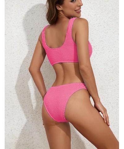 Women's Ribbed Two Piece Bikini Sets Wide Shoulder Strap Top Swimsuit with Mid Waist Cheeky Bathing Suit Hot Pink $12.71 Swim...