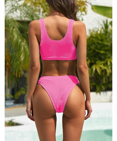 Women's Ribbed Two Piece Bikini Sets Wide Shoulder Strap Top Swimsuit with Mid Waist Cheeky Bathing Suit Hot Pink $12.71 Swim...