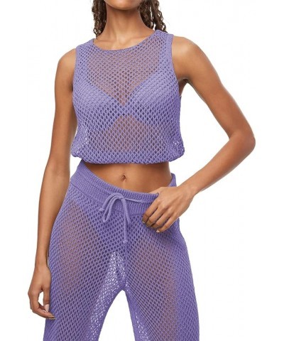 Women's Swimsuit Cover Up Set 2 Pieces Crochet Sleeveless Crop Top Wide Leg Long Pants Beach Coverups Purple $22.79 Swimsuits