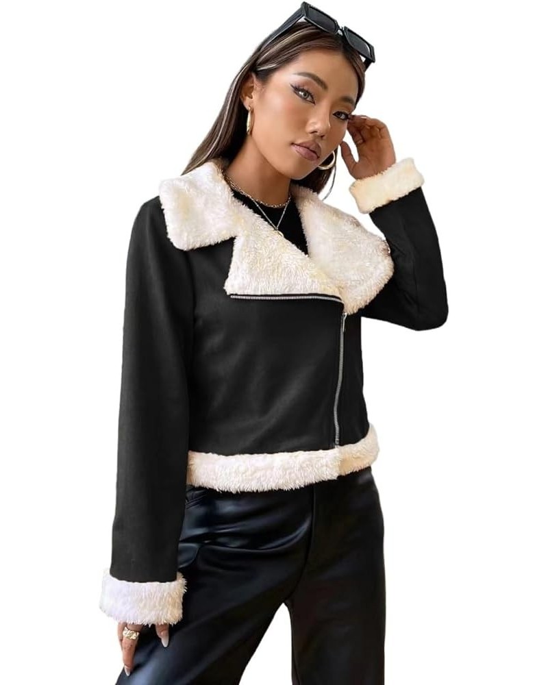 Women's 2023 Autumn And Winter Casual Jackets Coat Zipper Lapel Teddy Lined Open Front Suedette Jacket Black and White $25.87...