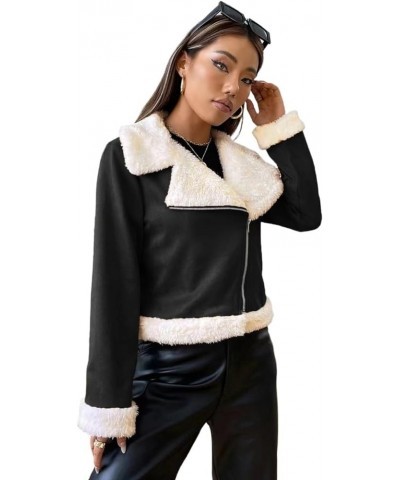 Women's 2023 Autumn And Winter Casual Jackets Coat Zipper Lapel Teddy Lined Open Front Suedette Jacket Black and White $25.87...