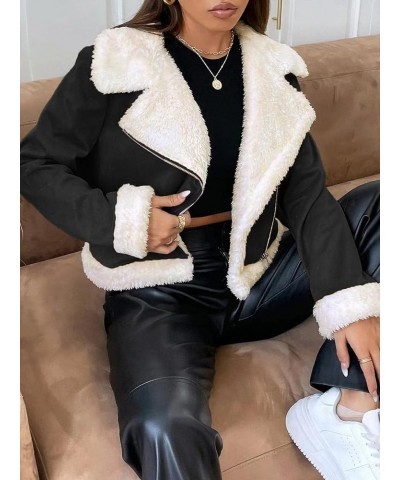 Women's 2023 Autumn And Winter Casual Jackets Coat Zipper Lapel Teddy Lined Open Front Suedette Jacket Black and White $25.87...