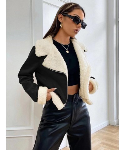 Women's 2023 Autumn And Winter Casual Jackets Coat Zipper Lapel Teddy Lined Open Front Suedette Jacket Black and White $25.87...