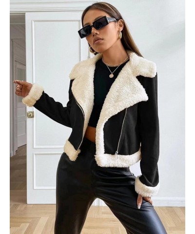 Women's 2023 Autumn And Winter Casual Jackets Coat Zipper Lapel Teddy Lined Open Front Suedette Jacket Black and White $25.87...