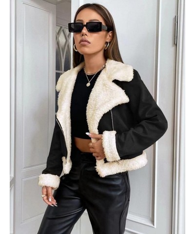 Women's 2023 Autumn And Winter Casual Jackets Coat Zipper Lapel Teddy Lined Open Front Suedette Jacket Black and White $25.87...